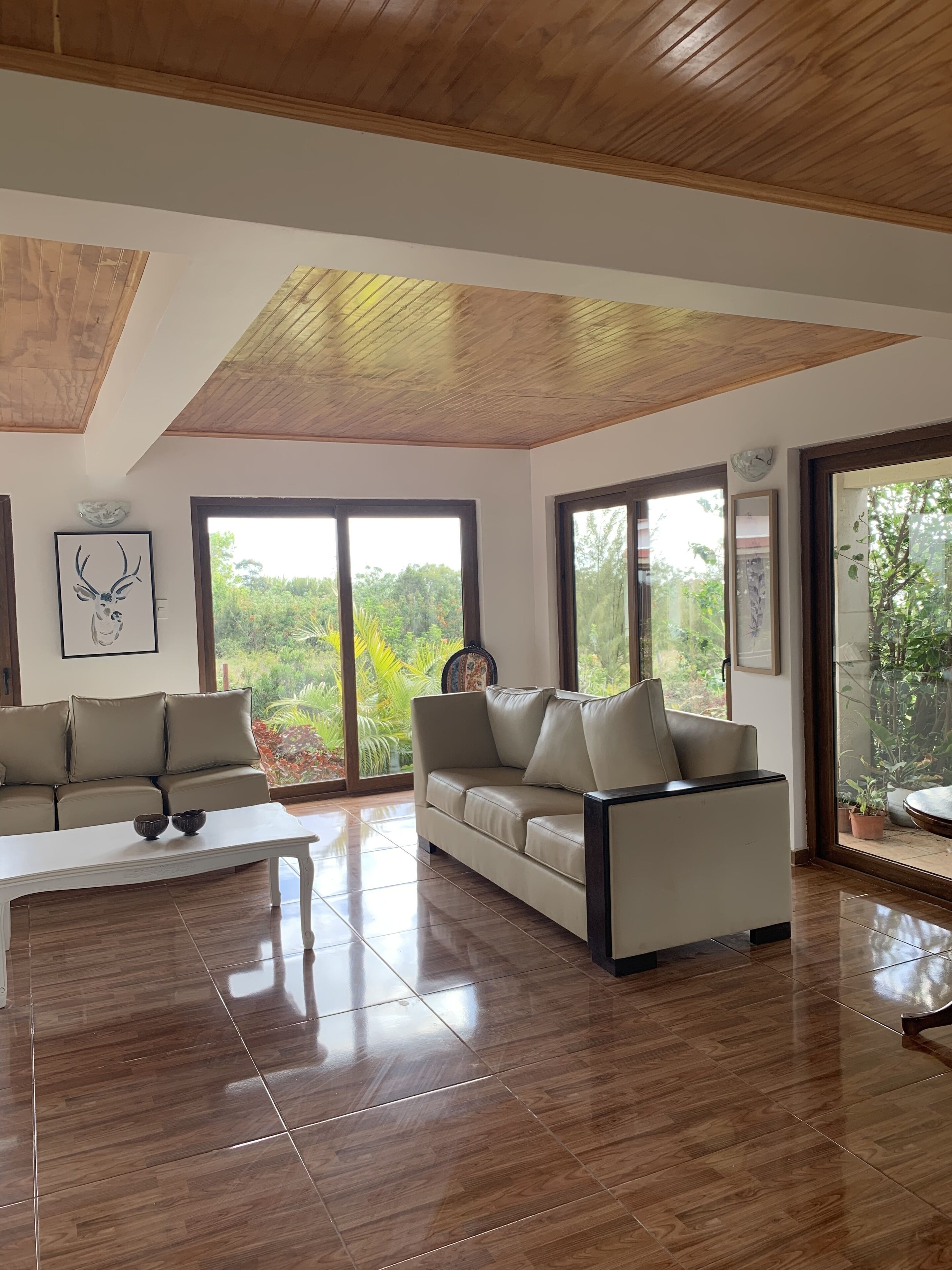 A spacious living room with a wooden ceiling, large windows, a beige sofa, and a white coffee table.