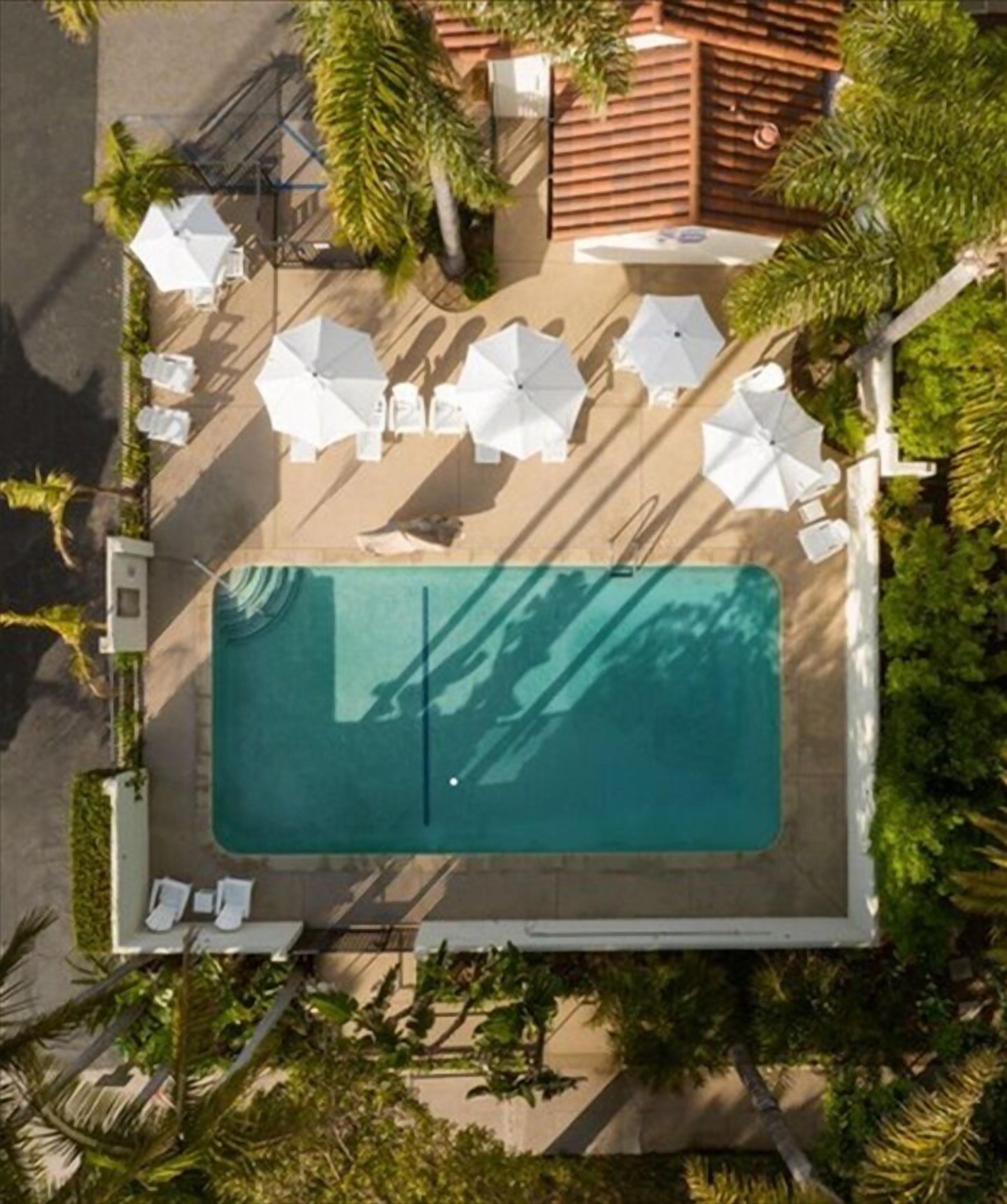 Outdoor pool, open 9:30 AM to 9:30 PM, pool umbrellas