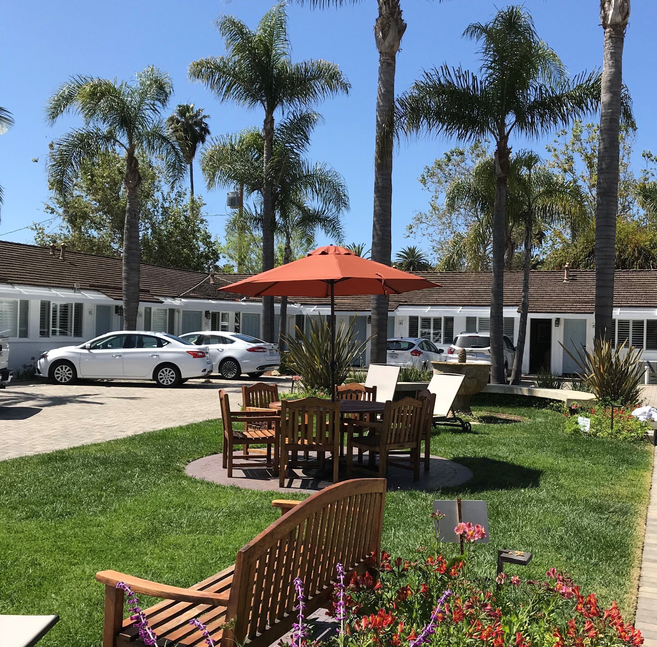 A patio area with a table and chairs, surrounded by palm trees and a lawn.