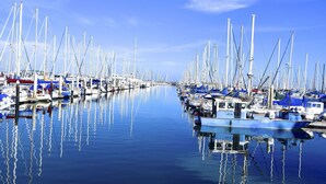 A marina with numerous boats docked, calm water, and clear skies. - Marina Beach Hotel (Santa Barbara)