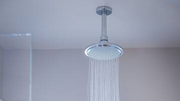 A shower with a rain head, a window, and three bottles of Grey Finch shampoo.