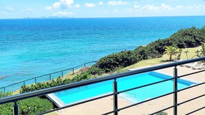 A clear view of a swimming pool with a metal railing in the foreground, a grassy area with trees, and the ocean in the background. - Unobstructed Ocean View - Ocean Front Condo (Sint Maarten)