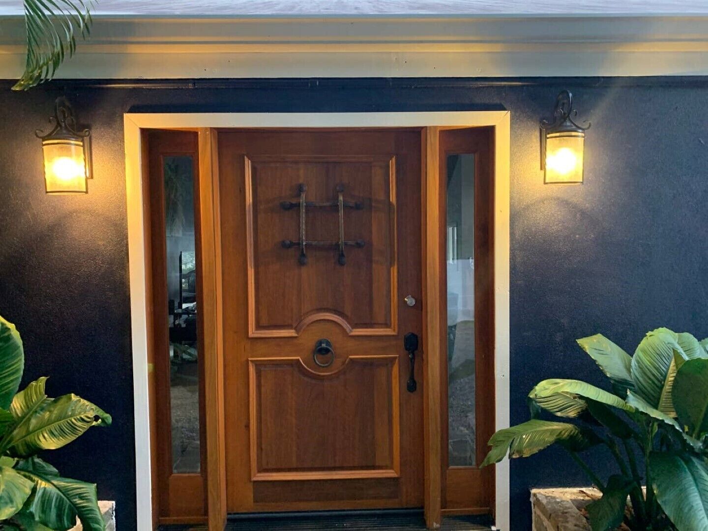 A wooden front door with a glass panel, flanked by two wall-mounted lights, and surrounded by large potted plants.