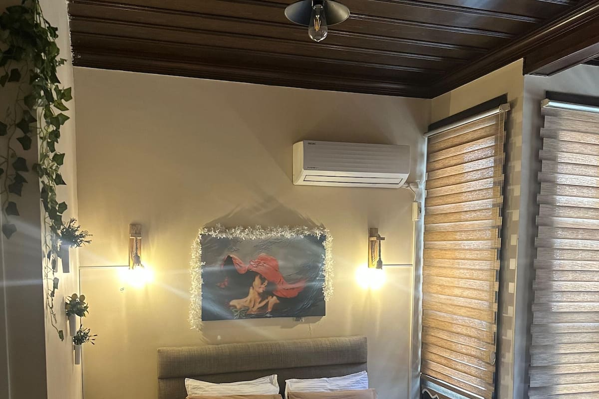 Habitación de hotel con una cama, un cuadro, aire acondicionado y una ventana con persianas.