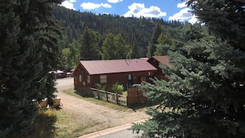 A rustic cabin with a red roof, surrounded by dense forest.
