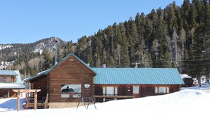 A wooden cabin with a blue roof, large windows, and a ski lift nearby.