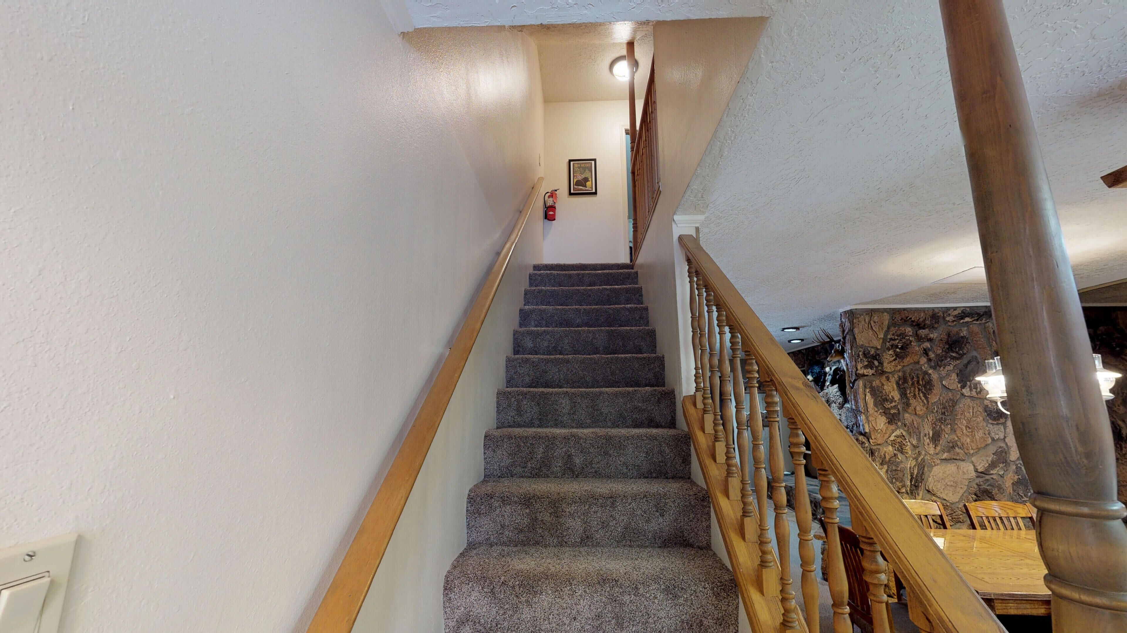 Eine Teppichstiege mit Holzwandgriffen, ein gerahmtes Bild an der Wand und eine Steinwand im Hintergrund.