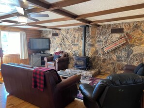 TV, fireplace, foosball, books