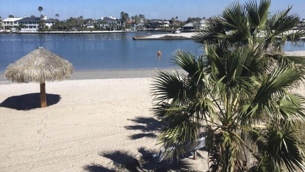 A beach with a thatched umbrella, palm trees, and a calm body of water. - Vacay Getaway! Cozy Coastal South Bay Blue Bungalow (Rockport)