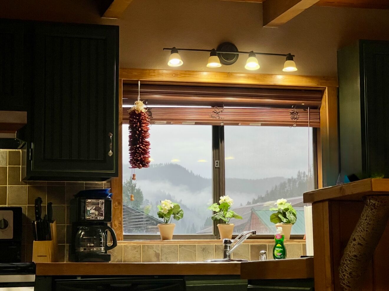 A kitchen with a window, a hanging light fixture, and a coffee maker.