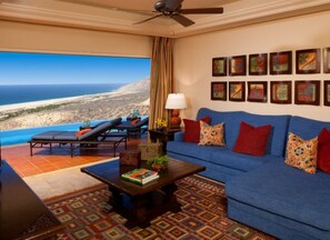 Flat-screen TV, fireplace