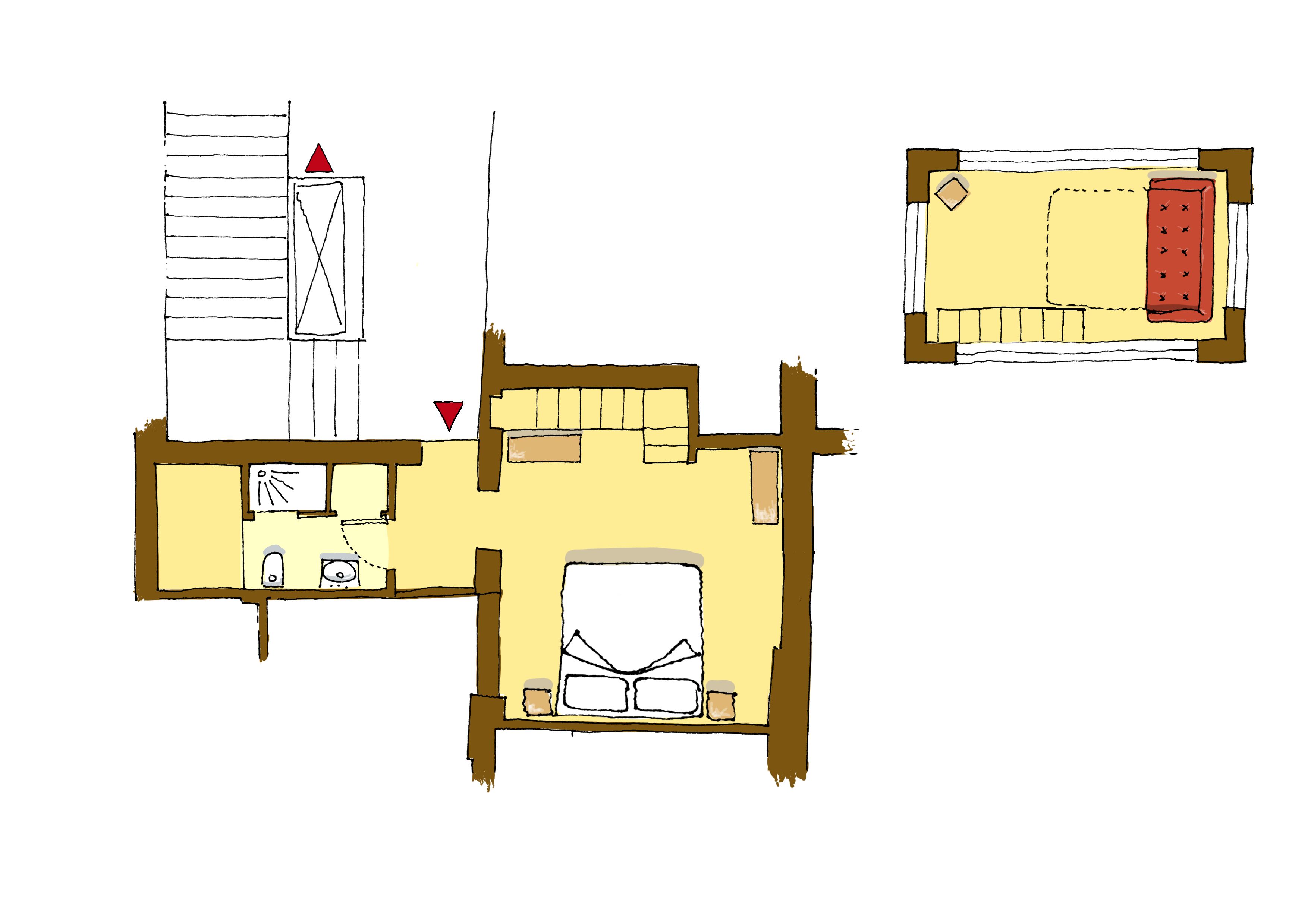 Un plan d’étage d’une chambre d’hôtel comprenant un lit, un bureau, une chaise, une petite table et une fenêtre.