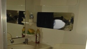 Une petite salle de bain avec un lavabo, un miroir et des toilettes.
