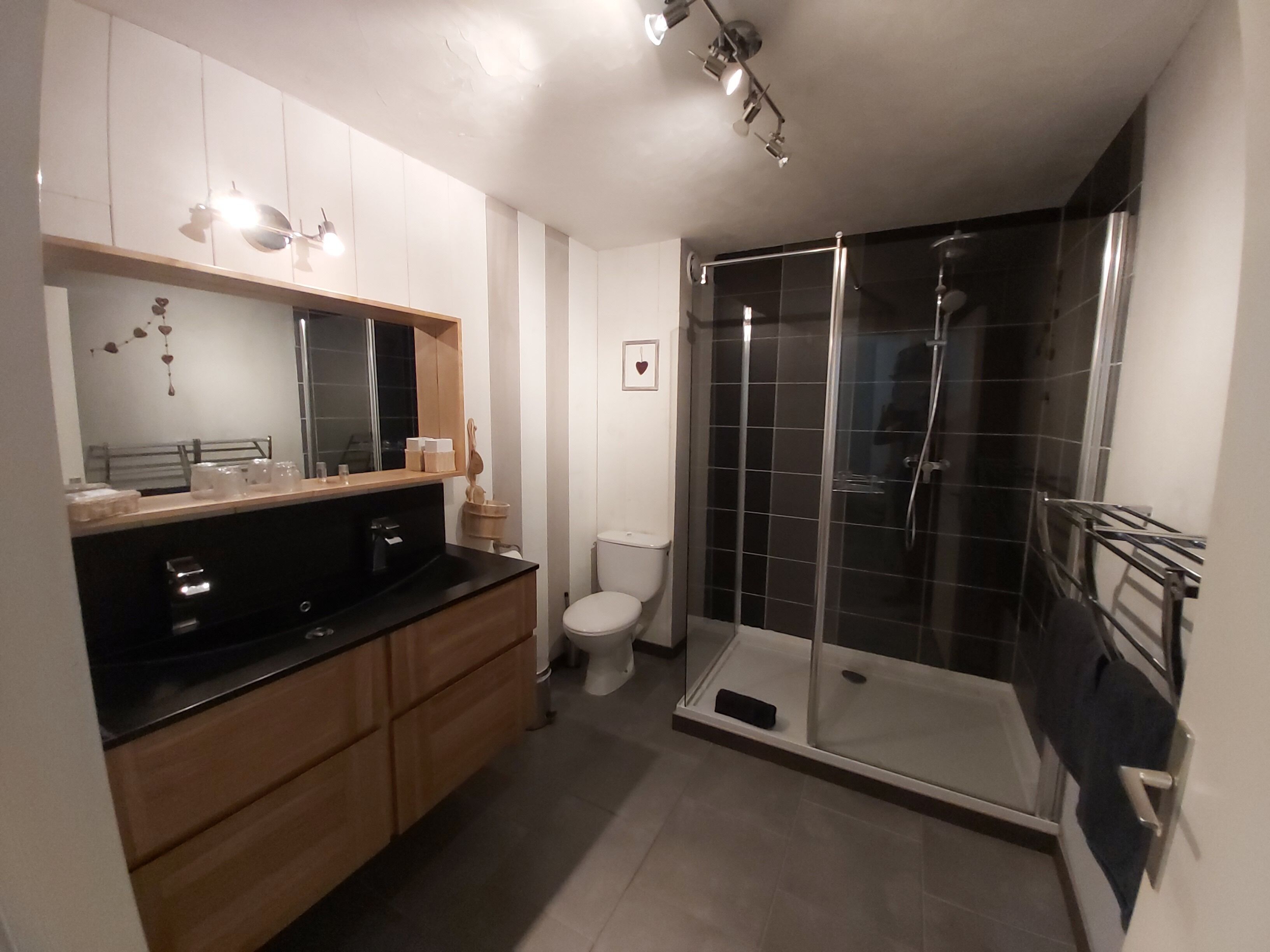 Ein modernes Badezimmer mit einer Duschkabine, einer Toilette und einem Waschtisch inklusive Spiegel und Ablagefläche.