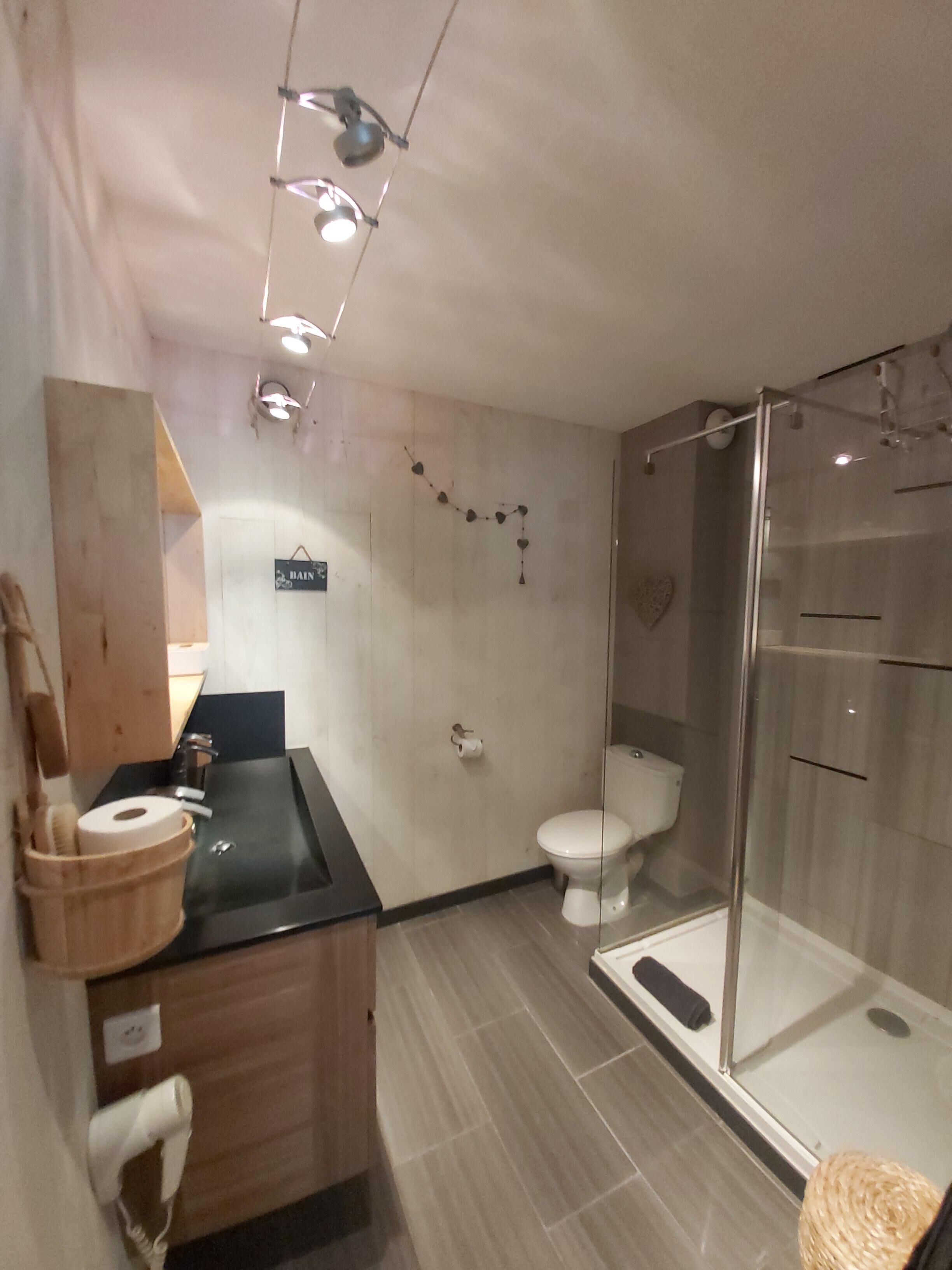 Une salle de bain moderne avec un meuble-lavabo en bois, des toilettes et une douche à parois de verre.
