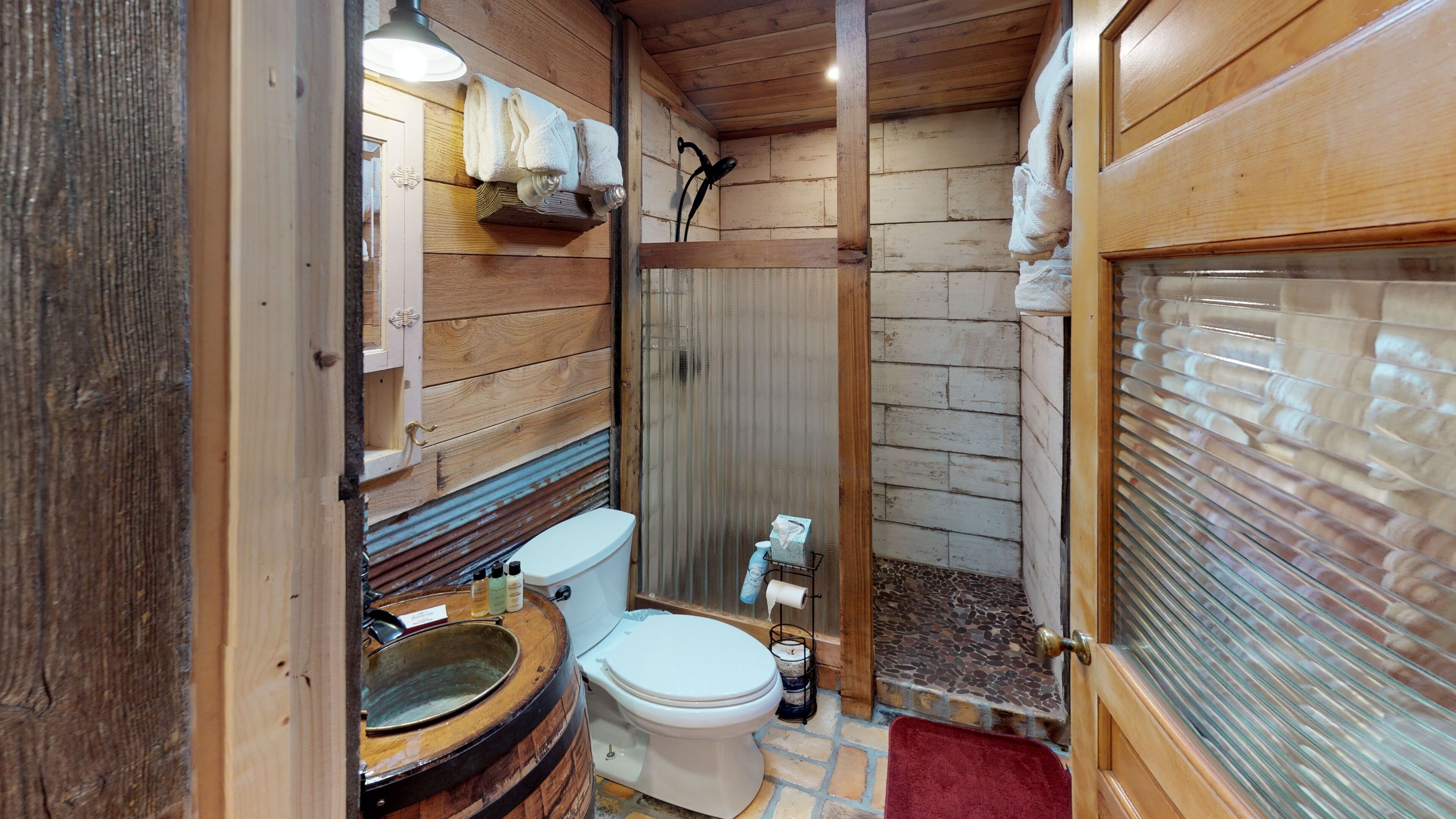 Hair dryer, towels, shampoo
