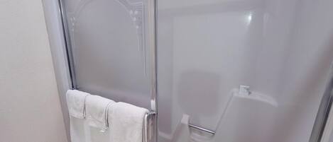A bathroom with a glass shower door, a white towel hanging on the door, and a small white object on the floor.