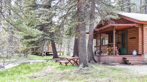 A rustic cabin with a porch, picnic tables, and a green door.