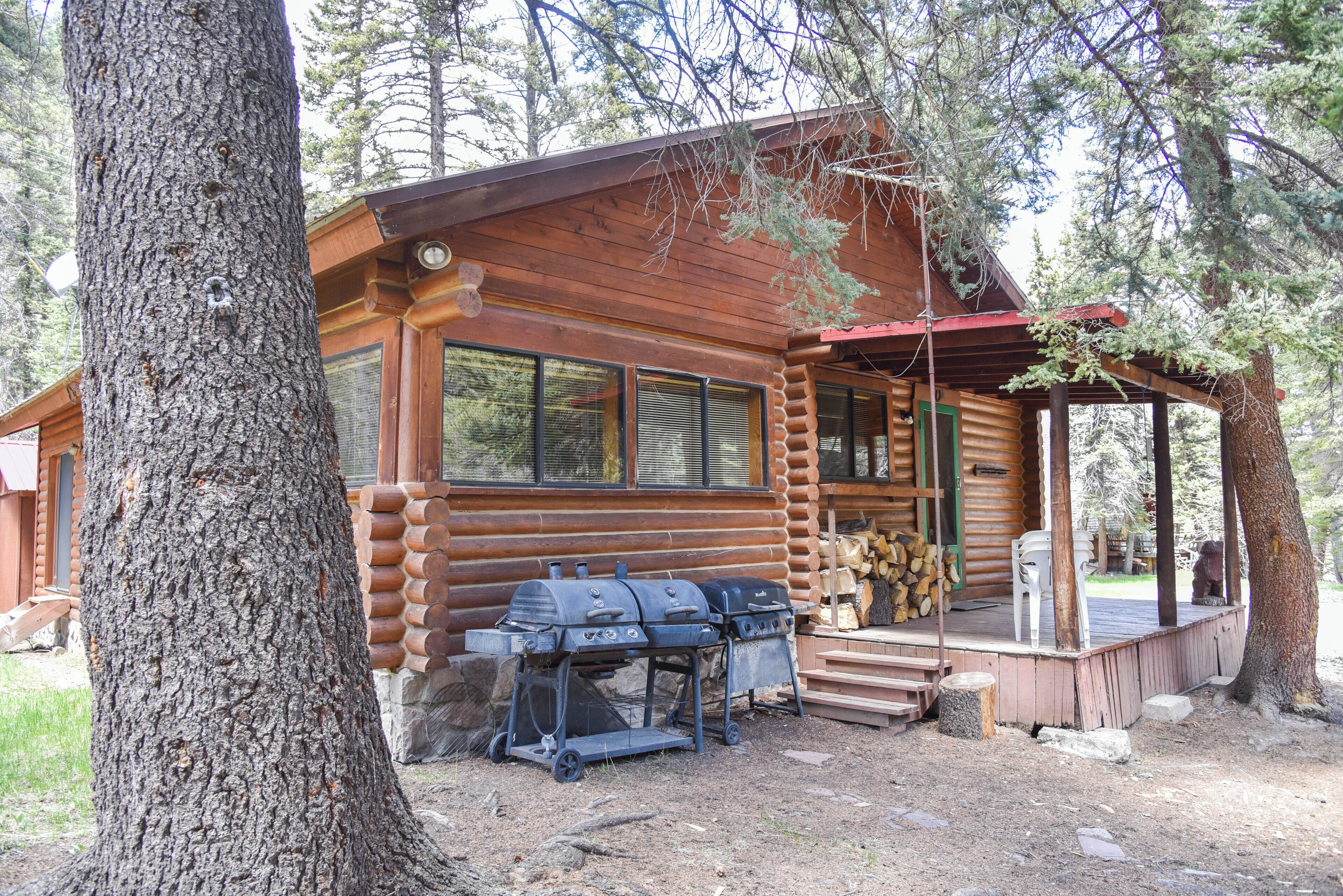 A log cabin with a porch, a grill, and a stack of firewood.