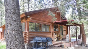 A log cabin with a porch, a grill, and a stack of firewood.