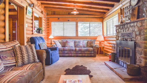 A log cabin interior with a sofa, armchair, and fireplace.