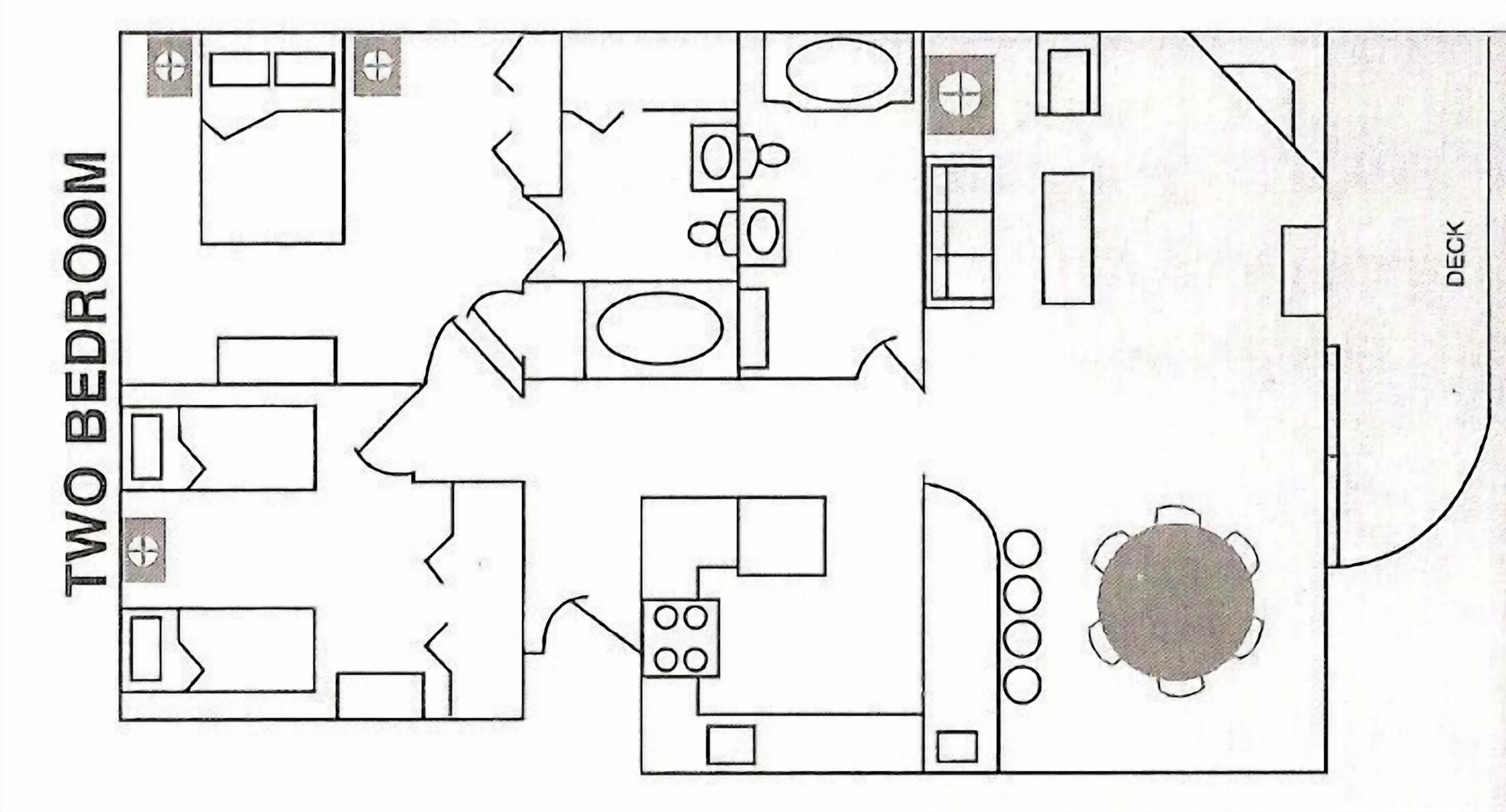Ein Zwei-Zimmer-Layout mit Küche, Essbereich und einer Terrasse.