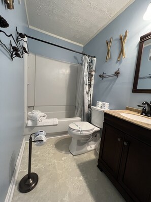 Bathroom features a bathtub, toilet, and vanity with sink and mirror.