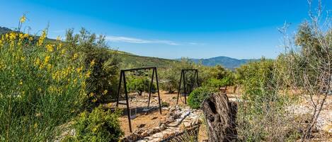 A rustic outdoor area with a swing set, surrounded by greenery and a clear blue sky.