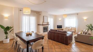 Télévision, cheminée, lecteur de DVD, chaßne hi-fi