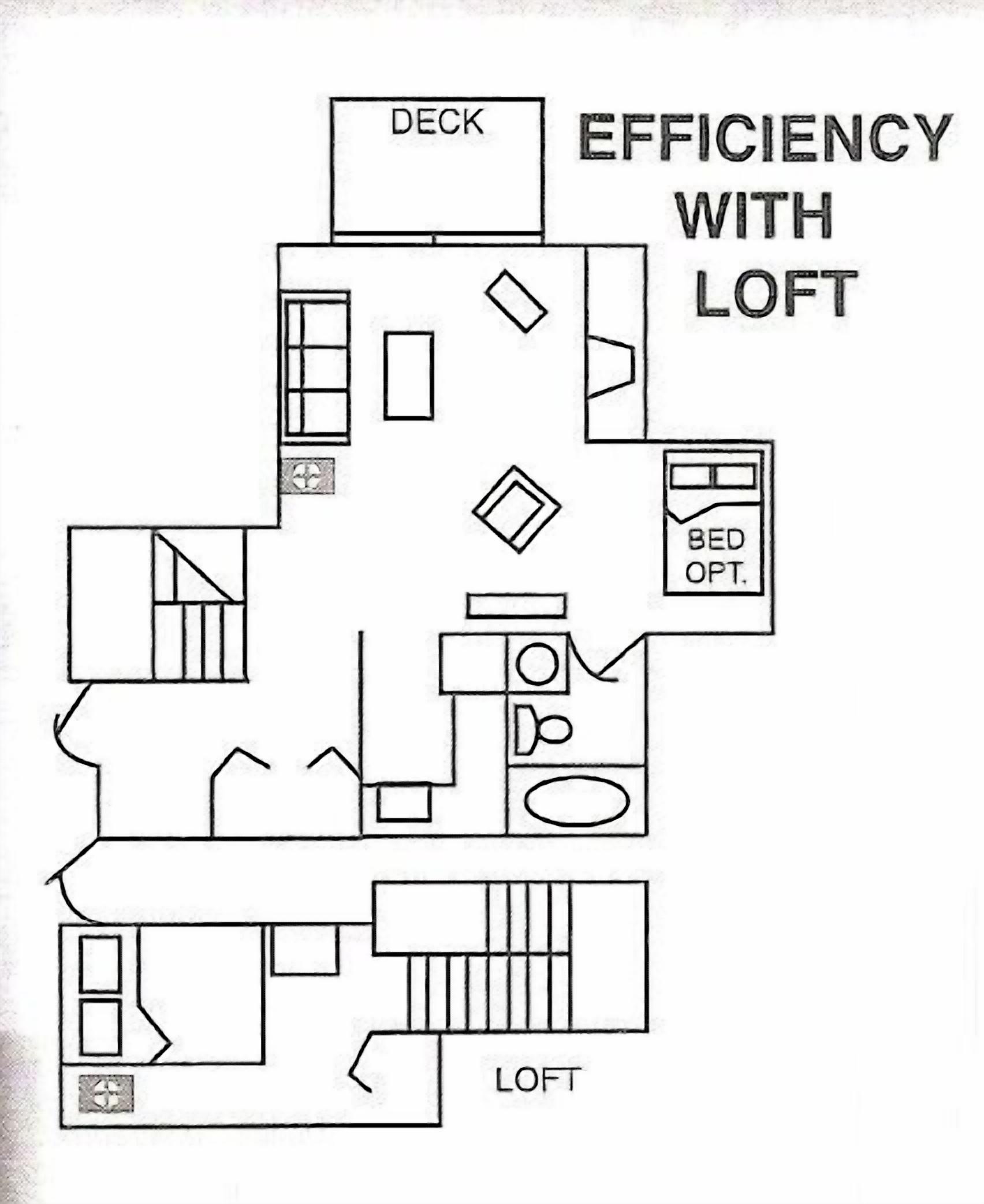 A floor plan of a loft-style apartment with a deck, loft, and bed optimization area.