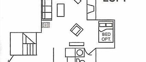A floor plan of a loft-style apartment with a deck, loft, and bed optimization area.