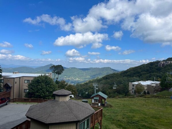 A residential area with houses, a wooden deck, and a view of mountains.