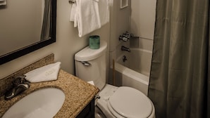 Un baño con lavamanos, inodoro y ducha.