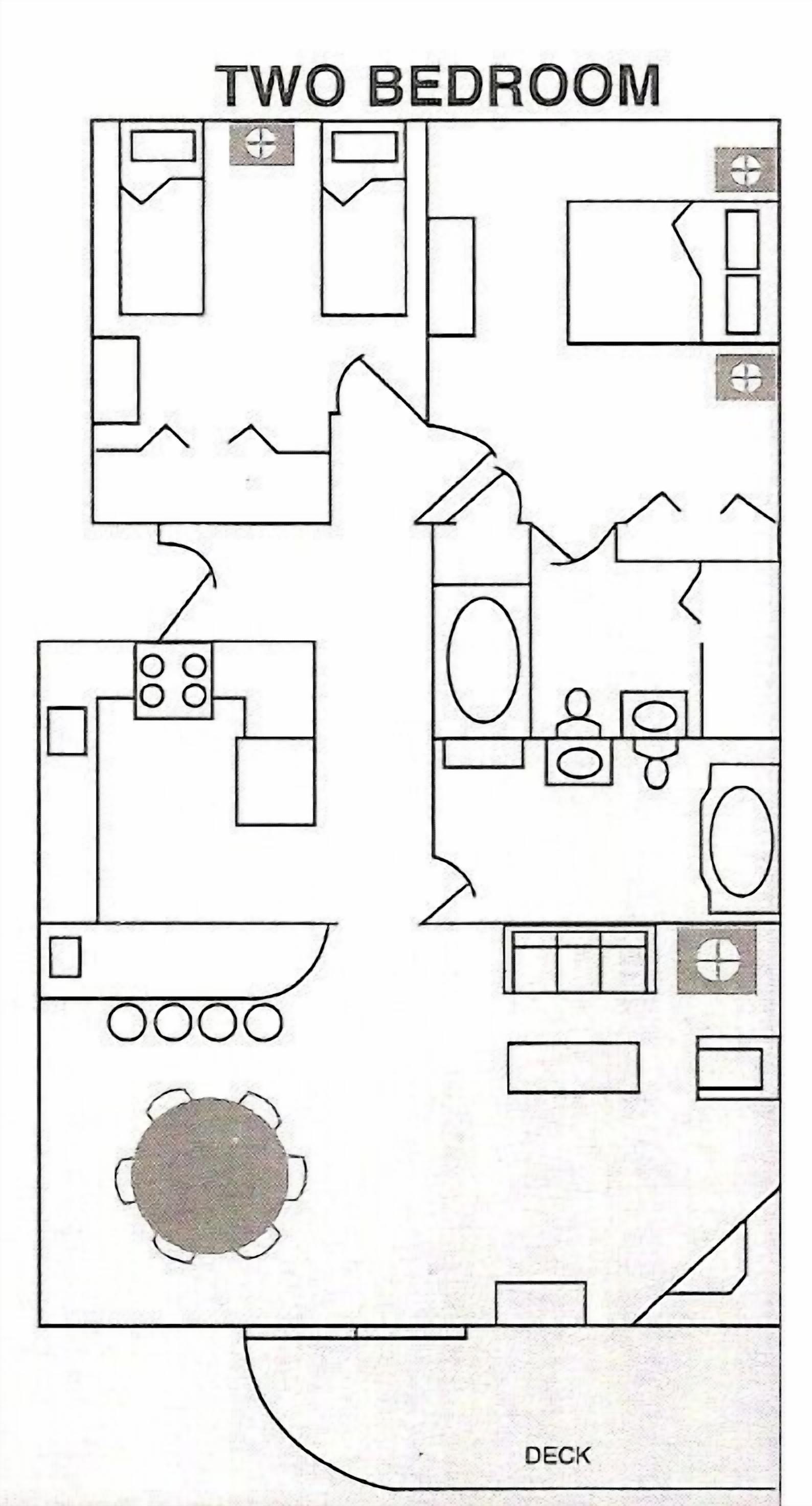 A two-bedroom layout with a kitchen, dining area, and a deck.