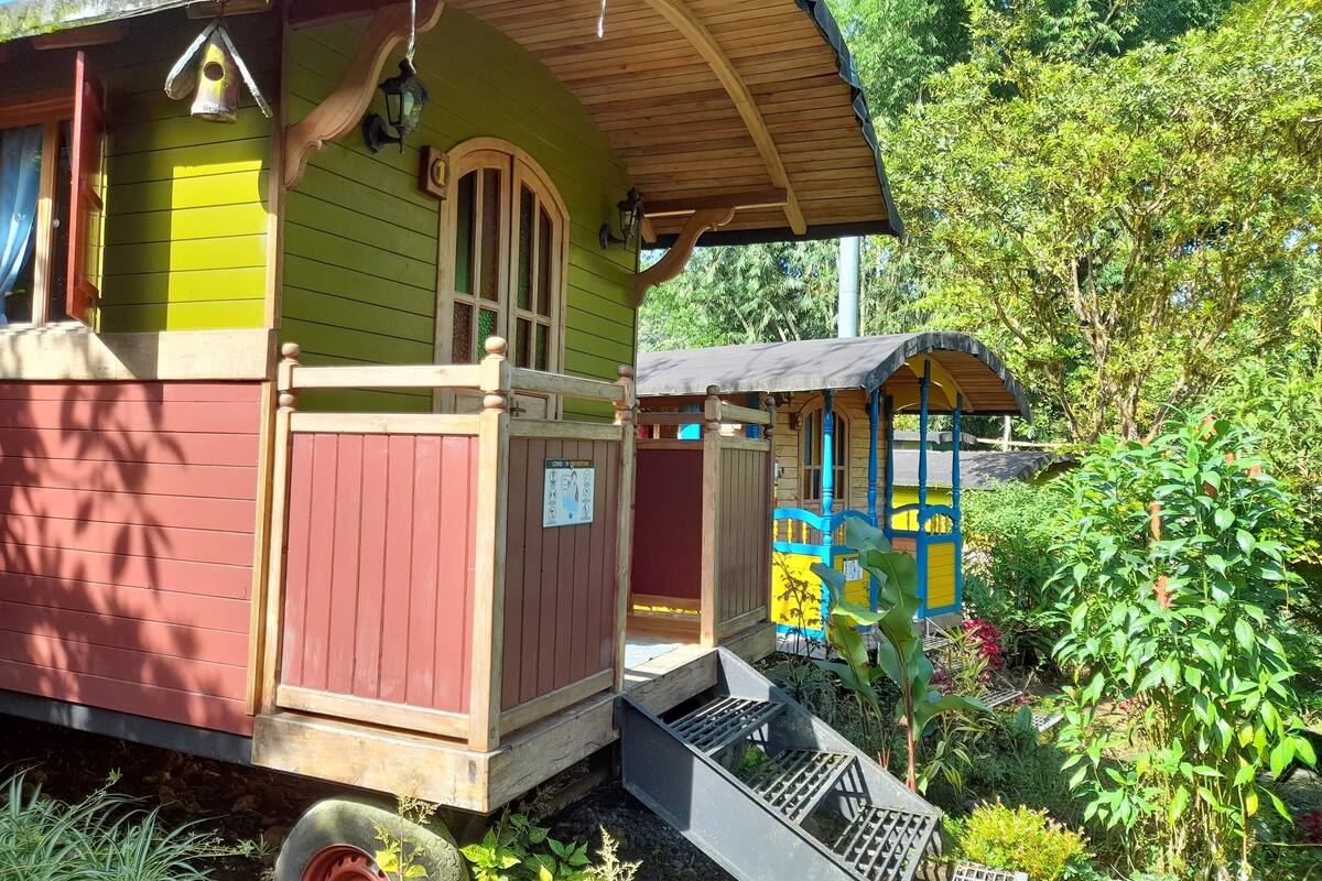 A colorful wooden structure with a ramp leading to a door, surrounded by lush greenery.