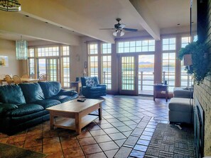 TV, fireplace, books