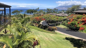 A residential area with a view of the ocean, palm trees, and a road. - PICTURESQUE OCEAN VIEW CONDO - LAST MINUTE DEAL!  BEAUTIFUL WAILEA AT ELUA 2002 (Kihei)
