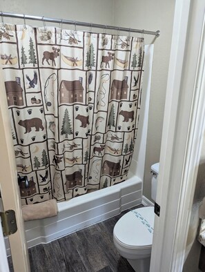 Combined shower/bathtub, hair dryer, towels, soap