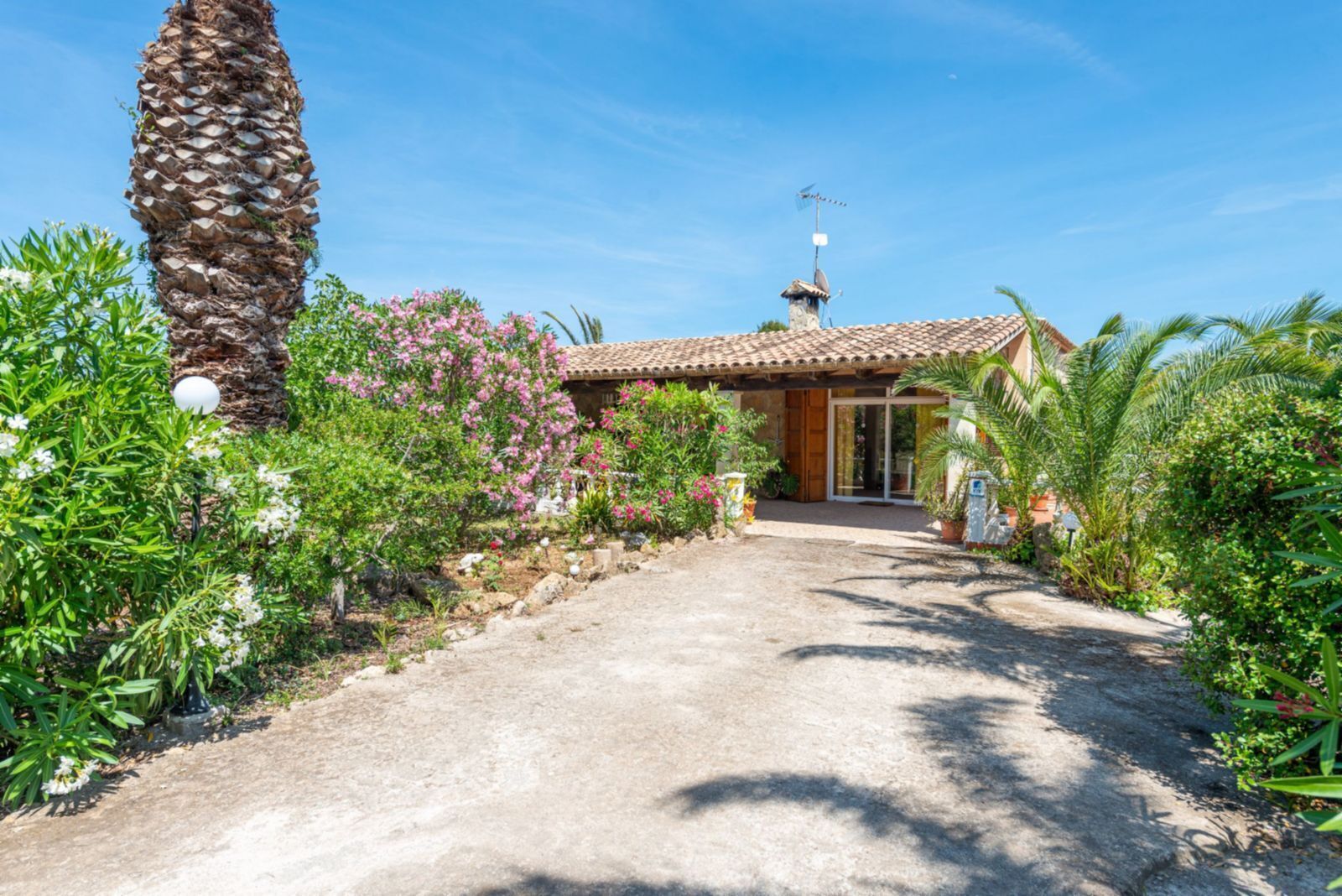 Une maison avec un toit en tuiles, une cheminée en pierre et un jardin où poussent différentes plantes et fleurs.