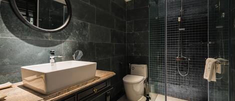 A modern bathroom with a large sink, toilet, and glass-enclosed shower.