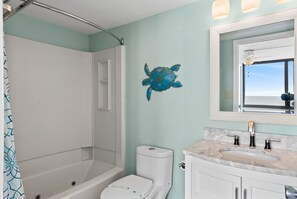 Combined shower/bathtub, towels - Sands Beach Club II 327, Lovely 2 BR Ocean Front Condo with Indoor Outdoor Swimming Pool, Hot Tub and Kiddie Pool (MYRTLE BEACH)