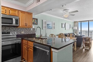 Fridge, microwave, oven, stovetop - Sands Beach Club II 327, Lovely 2 BR Ocean Front Condo with Indoor Outdoor Swimming Pool, Hot Tub and Kiddie Pool (MYRTLE BEACH)