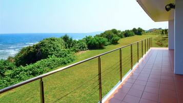 A balcony with a view of the ocean and greenery.