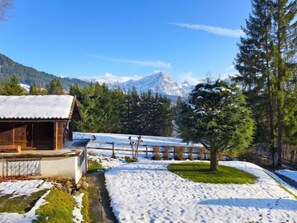 Een houten chalet met een sneeuwbedekte dak, omringd door altijdgroene bomen en een berg op de achtergrond.