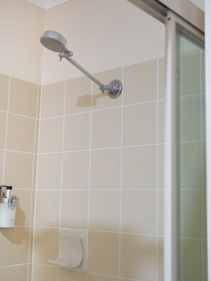 Chuveiro, secador de cabelo, toalhas de banho 