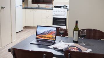 Fridge, microwave, oven, electric kettle