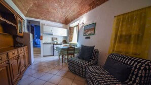 A compact living space with a kitchen, dining area, and a sofa.