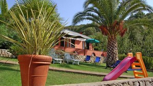 A house with a red facade, a stone wall, and a palm tree. - Apartment in Capoliveri near Sandy Beaches (Capoliveri)