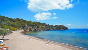 A beach with clear blue water, a sandy shore, and a small island in the distance. - Apartment in Capoliveri near Sandy Beaches (Capoliveri)