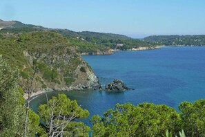Paisagem costeira com falésias rochosas, vegetação densa e mar azul translúcido.